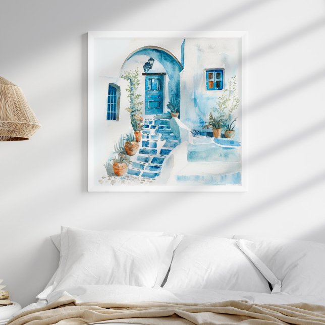 Póster Watercolor Santorini (Watercolor Santorini Greek Wall Art in a neutral boho coastal bedroom in a white frame.)