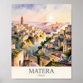 Póster Watercolor Sassi di Matera Travel Italy Cave City
