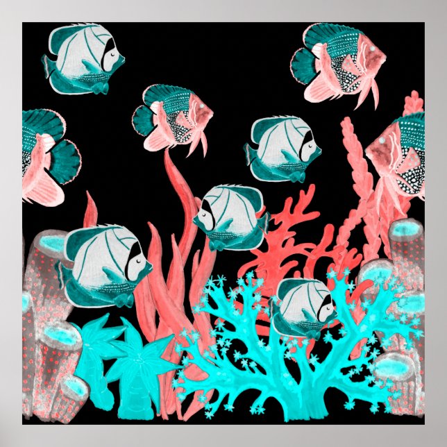 Póster Watercolor seamless pattern with exotic fish on co (Frente)