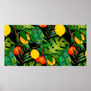 Póster Watercolor seamless pattern with tropical leaves a