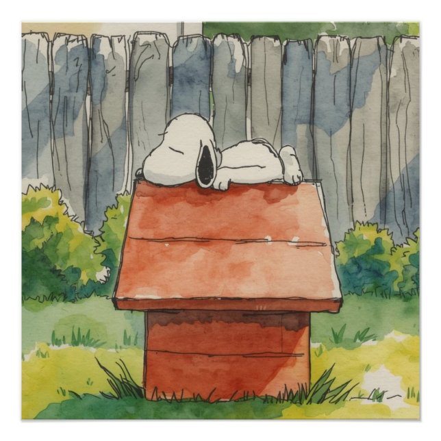 Póster Watercolor Sleeping Dog on Red Doghouse Art (Anverso)