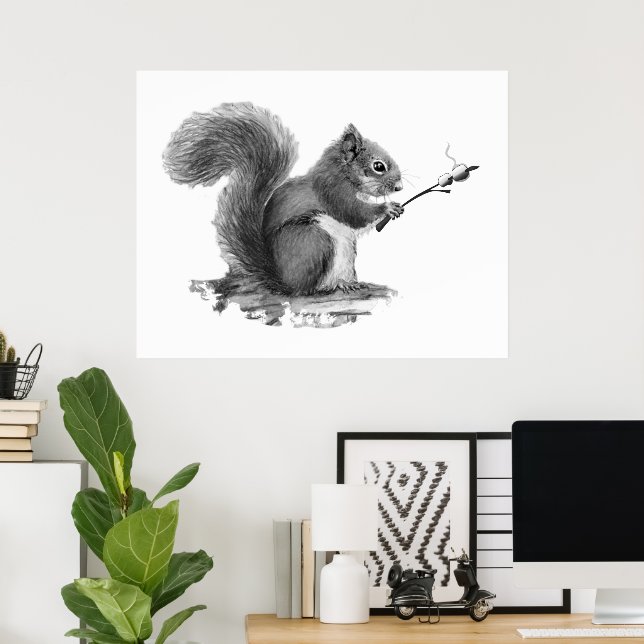 Póster Watercolor Squirrel Toasting Marshmallow Animal  (Oficina en casa)