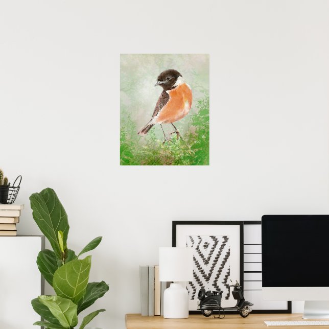 Póster Watercolor Stonechat Bird  Nature Art (Oficina en casa)