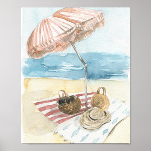 Póster Watercolor Striped Beach Umbrella