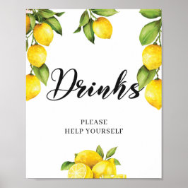 Póster Watercolor Summer Fruits Lemon Drinks Sign