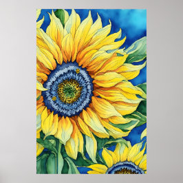 Póster Watercolor Sunflowers On A Sky Blue Background