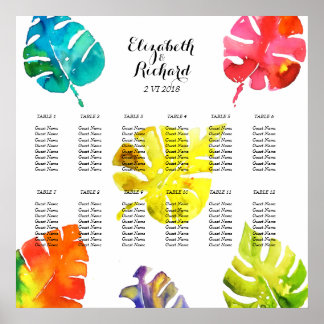 Póster Watercolor Tropical Leaves wedding Seating Chart
