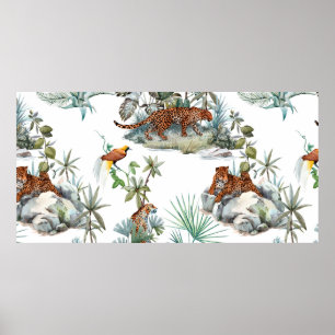 Póster Watercolor tropical pattern with a leopard animal,