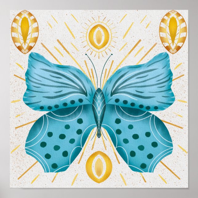 Póster Watercolor Turquesa Mariposa Sol Celestial (Frente)
