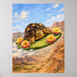 Póster Watercolor Turtle flying on a magic cactus pad
