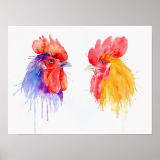 Póster Watercolor Two Roosters Portrait
