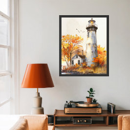Póster Watercolor Vibrant Coastal Autumn Lighthouse Scene