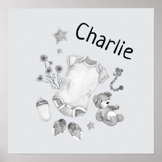 Póster Watercolor Vintage Baby Black and White Nursery