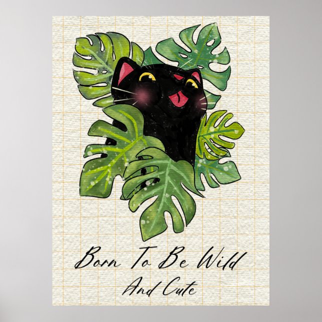 Póster Watercolor Whimsical Black Cat And Monstera Leaves (Frente)