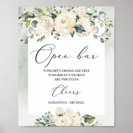 Póster Watercolor white roses greenery foliage boho