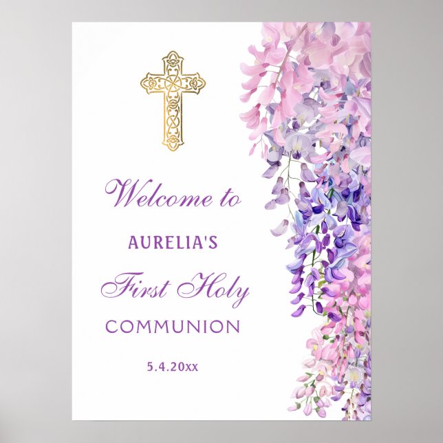 Póster Watercolor Wisteria First Communion Welcome (Frente)