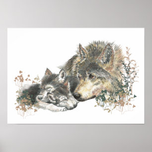 Póster Watercolor Wolf & Cub Animal Art