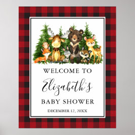 Póster Watercolor Woodland Animals Baby Shower Plaid