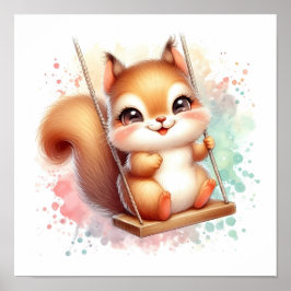 Póster Watercolor Woodland Baby Squirrel Nursera Swing