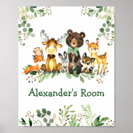 Póster Watercolor Woodland Forest Animals Bow Green