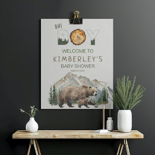 Póster Watercolor Woodland Oh Boy Bear Baby Shower