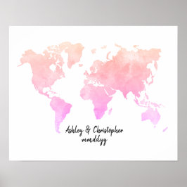 Póster Watercolor World Map Boda Guest Book Art Print