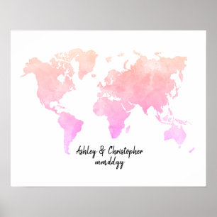 Póster Watercolor World Map Boda Guest Book Art Print