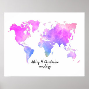 Póster Watercolor World Map Boda Poster del libro invitad