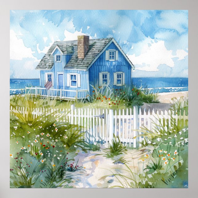 Póster Watercolour Beach Cottage (Frente)