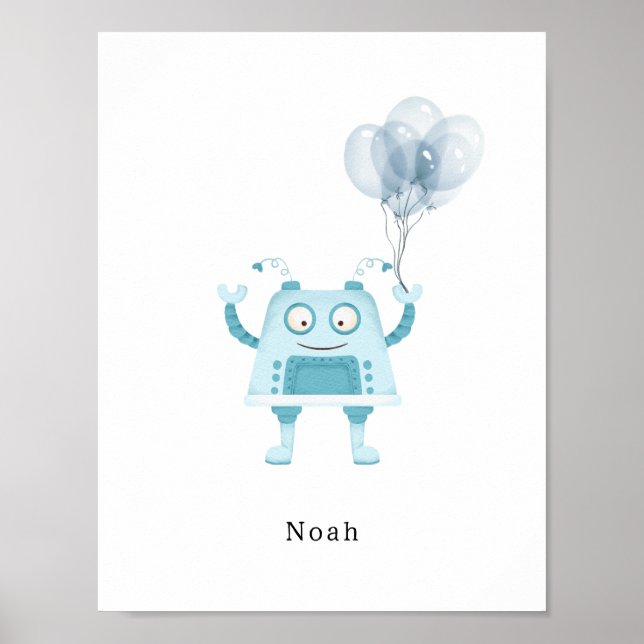 Póster Watercolour Blue Robot With Balloons Name Poster (Frente)
