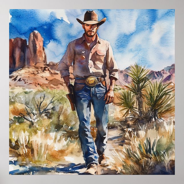 Póster Watercolour Cowboy in Desert (Frente)