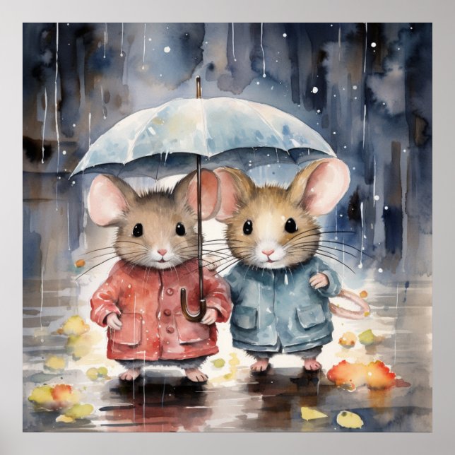 Póster Watercolour Mice in The Rain (Frente)