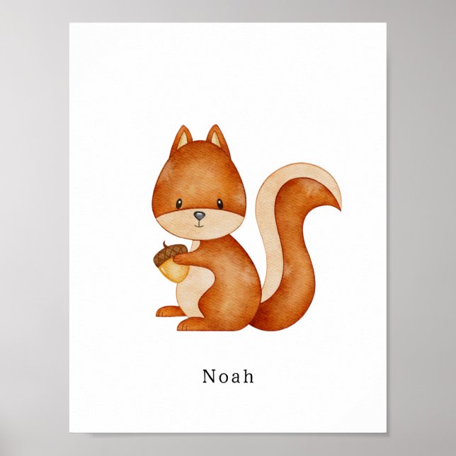 Póster Watercolour Squirrel Forest Animal Name Poster (Frente)