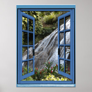 Póster Waterfall Photo Trompe l'oeil Fake Window