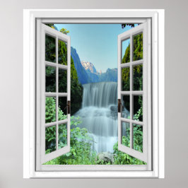 Póster Waterfall Trompe l'oeil Effect Fake Window