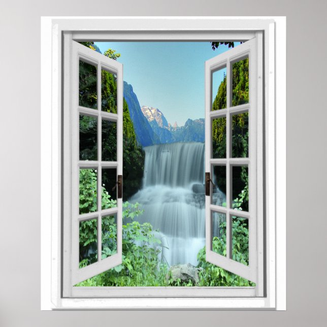 Póster Waterfall Trompe l'oeil Effect Fake Window (Frente)