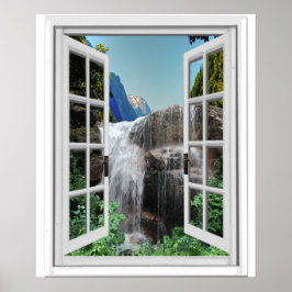Póster Waterfall Trompe l'oeil Effect Faux Window View