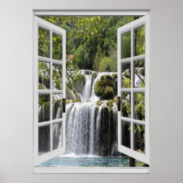 Póster Waterfall View Trompe l'oeil Fake Window