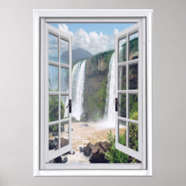 Póster Waterfall View Trompe l'oeil Faux Window