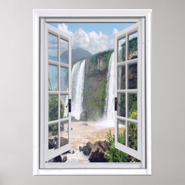 Póster Waterfall View Trompe l'oeil Faux Window (Frente)