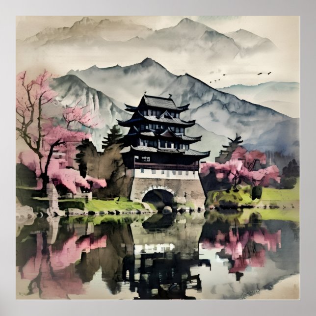 Póster Waterfront Castle Landscape (Frente)