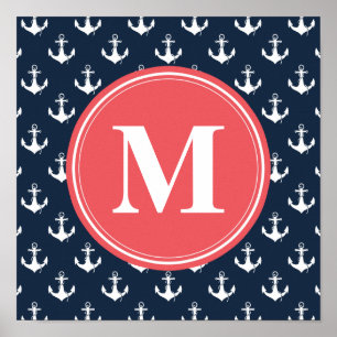 Póster Watermelon Monogrammed Navy Blue Anchor Pattern