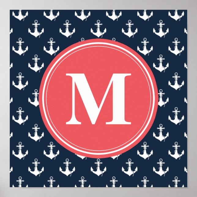 Póster Watermelon Monogrammed Navy Blue Anchor Pattern (Frente)