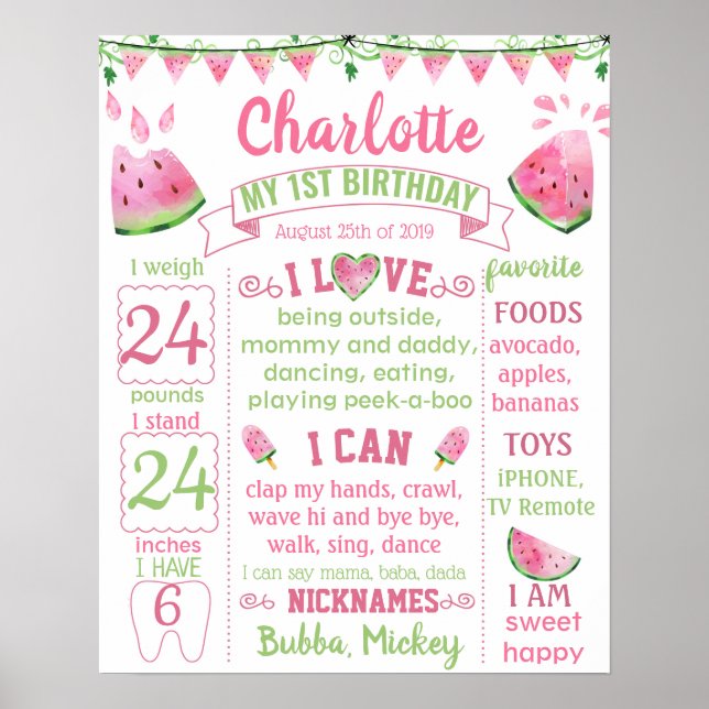 Póster Watermelon One in a Melon birthday board (Frente)