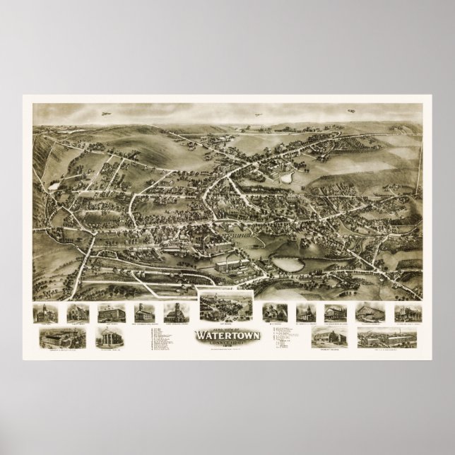 Póster Watertown, CT Panoramic Map - 1918 (Frente)