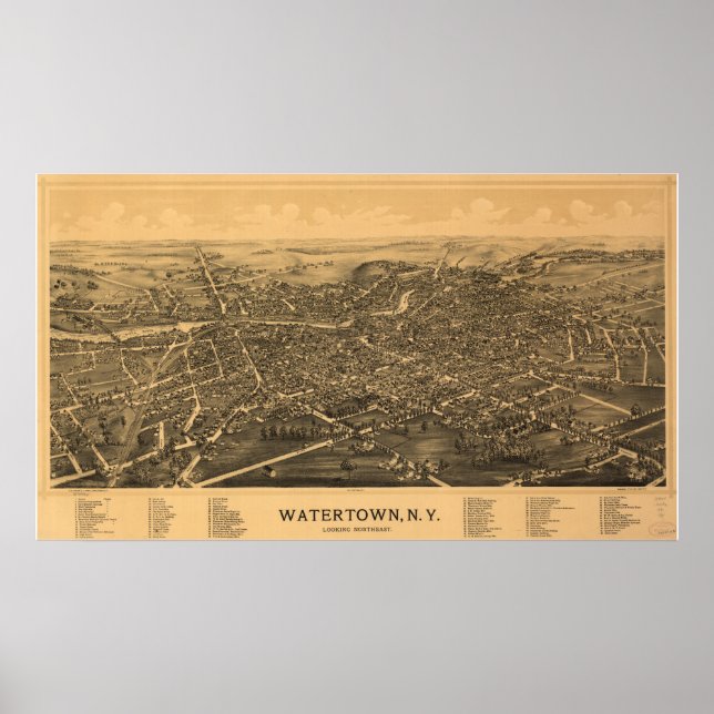 Póster Watertown New York 1891 Mapa Panorámico Antiguo (Frente)