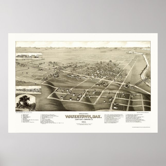Póster Watertown, SD Panoramic Map - 1883 (Frente)