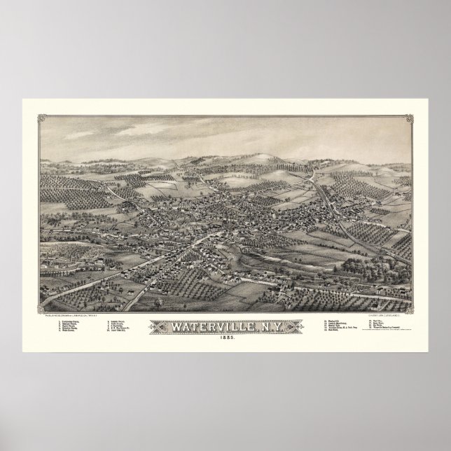 Póster Waterville, Mapa Panorámico de Nueva York - 1885 (Frente)