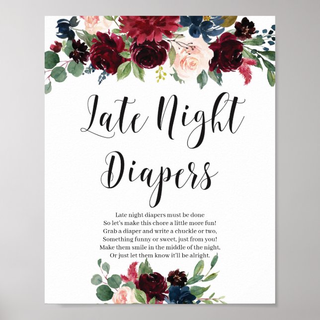 Póster Watrcolor burgundy marina floral pañales nocturnos (Frente)