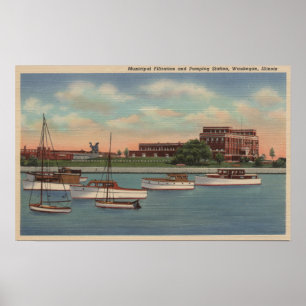 Póster Waukegan, IL - vista de la estación de bombeo